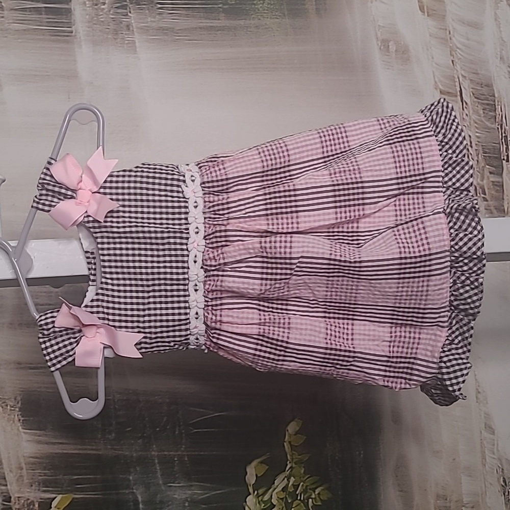 Rare Too Girls 9 month pink brown plaid pink bow casual summer sleeveless dress